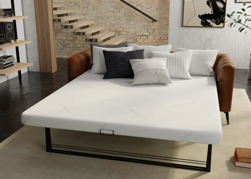 Deluxe memory foam sofa bed mattress, full-angle view on leather sofa