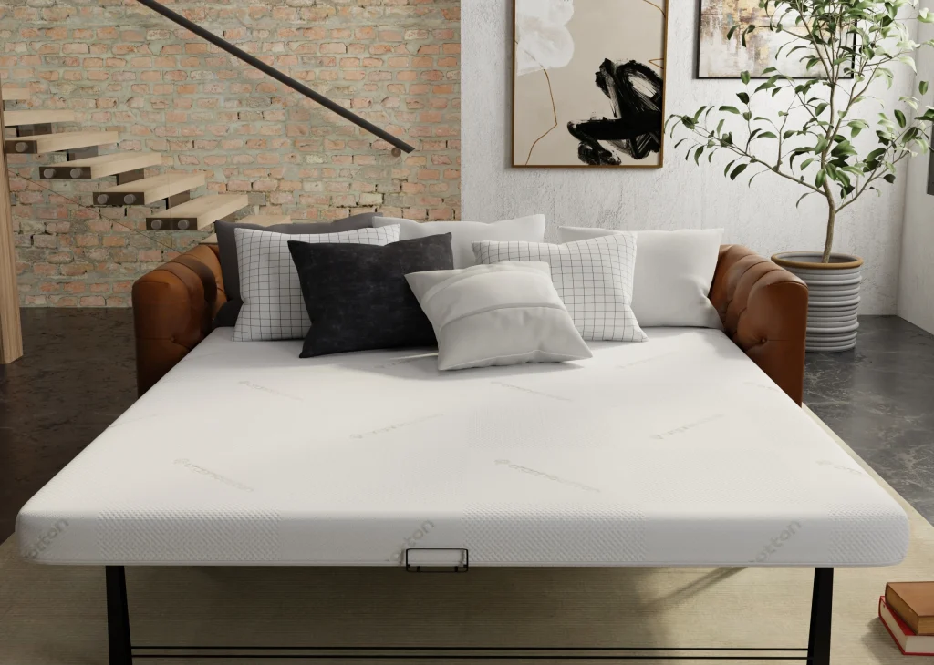 Deluxe memory foam sofa bed mattress, full view on leather sofa
