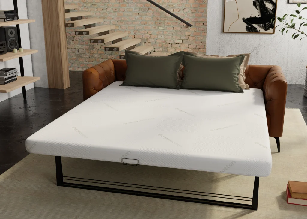 Latex sofa bed mattress, full-angle view on leather sofa