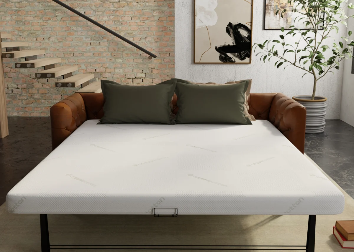 Latex sofa bed mattress, full view on leather sofa