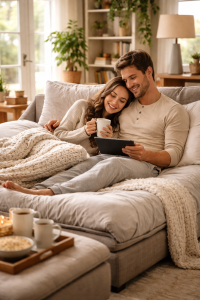 couple sitting on sofa mattress