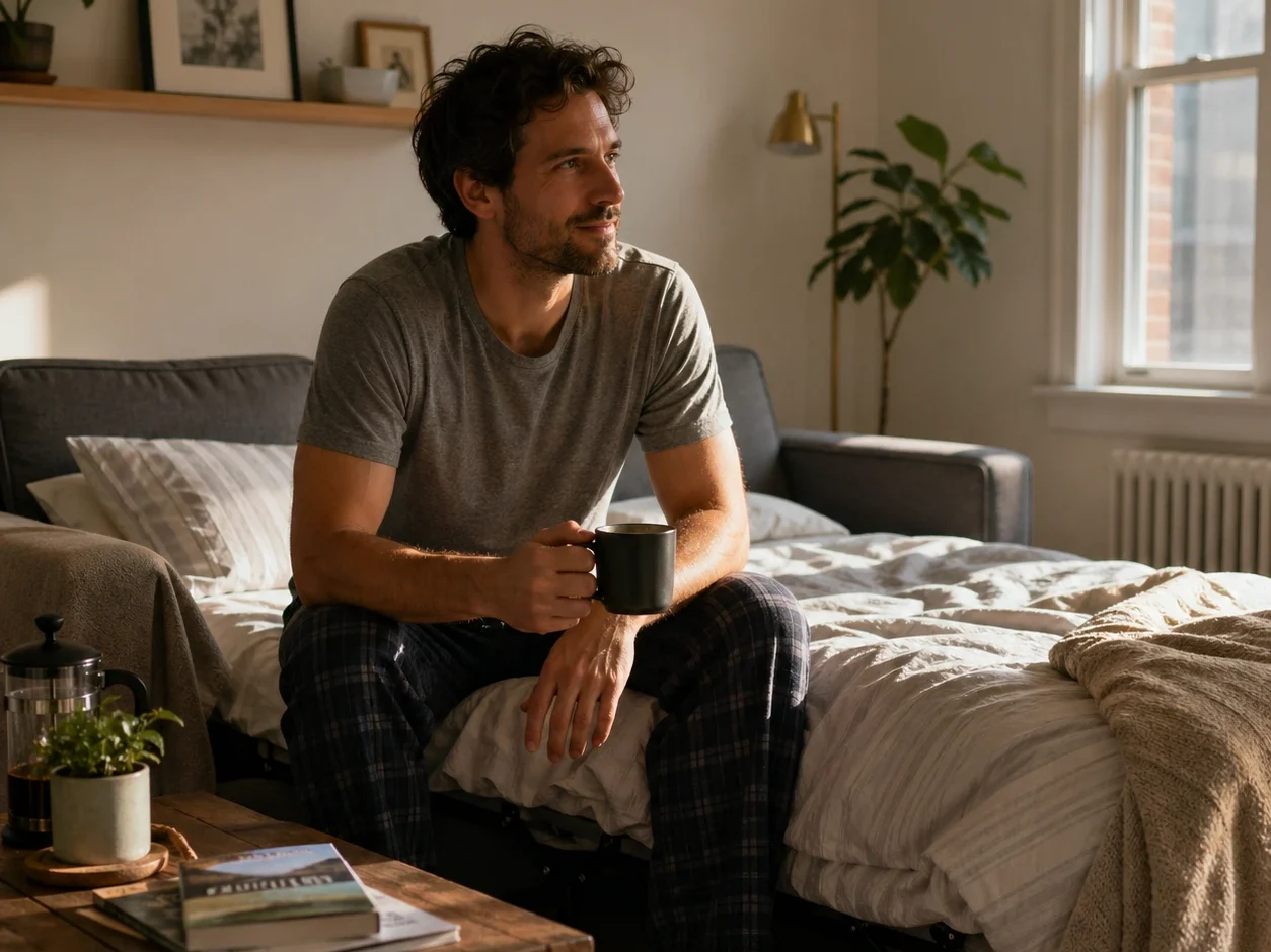 Man seated on sofa bed mattress with coffee