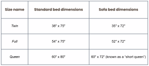Sofa Bed Mattress size chart